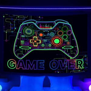 Bzhilja Game Themed Tapestry Wall Hanging, UV Reactive Over Gaming Wall Art Tapestris for Guys Men Boys, Tapestry Wall Art for Game Room Bedroom Party Office, 90"L x 70"W