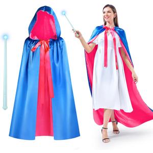 Haysandy Hooded Cloak Costume & Magic Wand Set, Fairy Princess Cape Cloak Costume for Women Party Cosplay (5 ft, Blue & Rose)
