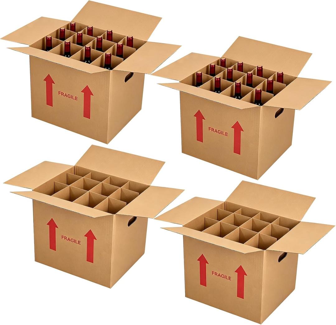 4 Sets Wine Boxes for Moving, 16 x 12 x 12 Inch Wine Bottle Moving Boxes with Reinforced Cardboard and Handles, Corrugated Boxes with Fragile Labels for Glassware, Moving, Packaging, Storage