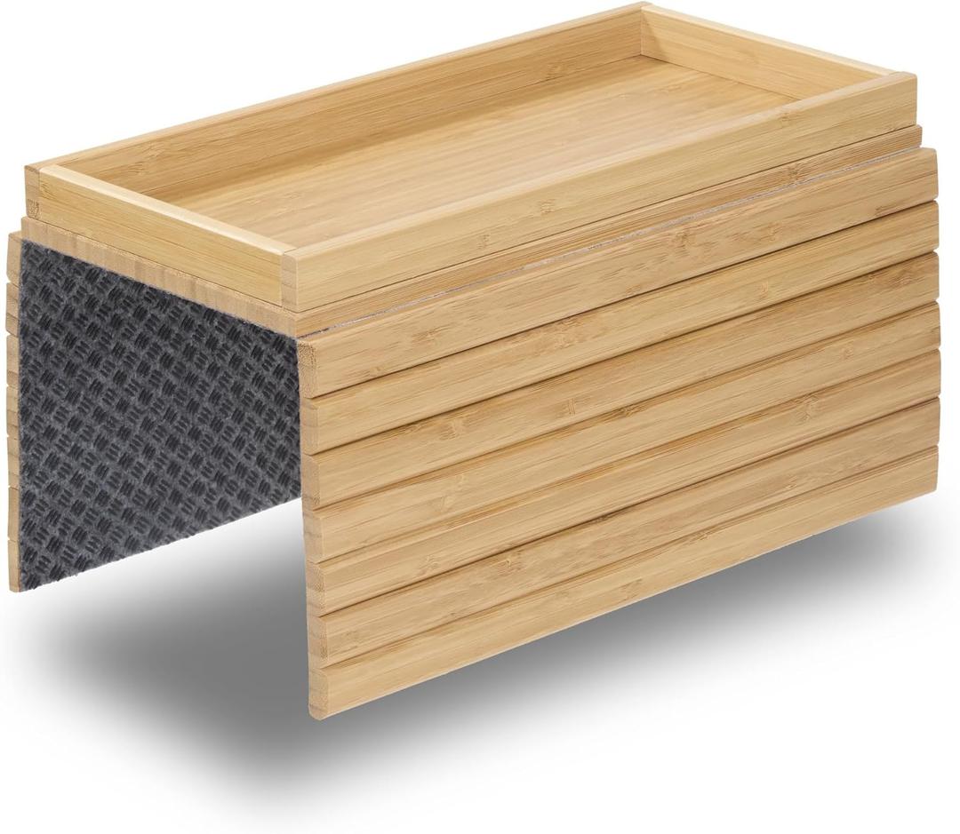 DETOR Couch Tray with Spacious 12.4" x 5.4" Storage Box, Natrual Bamboo Finish, Enhanced Non-Slip Felt Bottom, Sturdy Bamboo Slats, Fits Armrests 6" and Wider