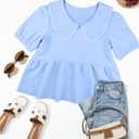 HOULENGS Women's Summer Puff Sleeve Peplum Babydoll Tops 2025 Peter Pan Collar Flowy Shirts Casual Ruffle Cute Blouse Top (Blue, L)