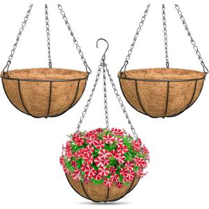 ZeeDix 3 Pack 14 Inch Hanging Baskets for Plants Outdoor Indoor, Metal Hanging Planters Flower Pots with Coco Liners Replacement, Decor Garden Flowers Vegetables Plants