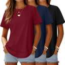 Ficerd 3 Pack Women's Short Sleeve T-Shirts, Loose Fit Crew Neck Tunic Tops Casual Solid Basic Tee Shirts Curved Hem Blouses (Large, Black, Navy Blue, Red)