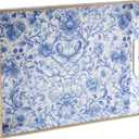 Serving Tray with Handles, Rectangular Plastic Tray 15.75x11.81 Inch, Blue and White Peony Chinese Porcelain Style Decorative Tray for Kitchen, Dining Table, Vanity, Office & Home