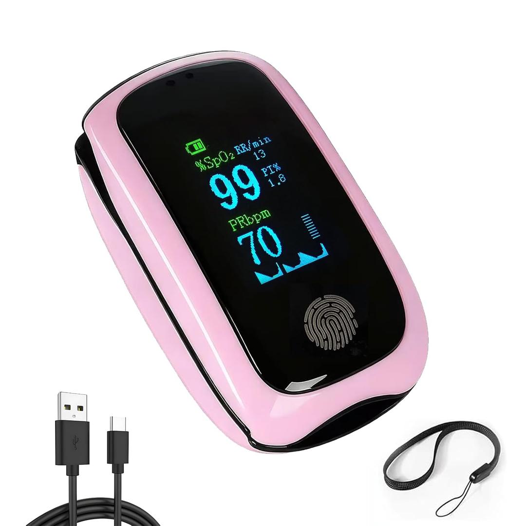 Pulse Oximeter with Respiration, Rechargeable Fingertip Pulse Oximeter Blood Oxygen Monitor with Pulse Readings, Portable O2 Saturation Monitor for Sports and Travel, Pink Pulse Oximeter for Daily Wellness