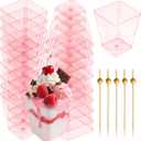 50 Packs Square Appetizer Cups with 100PCS Bamboo Stickers for Party,Clear Plastic Charcuterie Cups with Sticks Suitable for Fruit, Snack, Dessert,Parfait(Pink), 5 ounces
