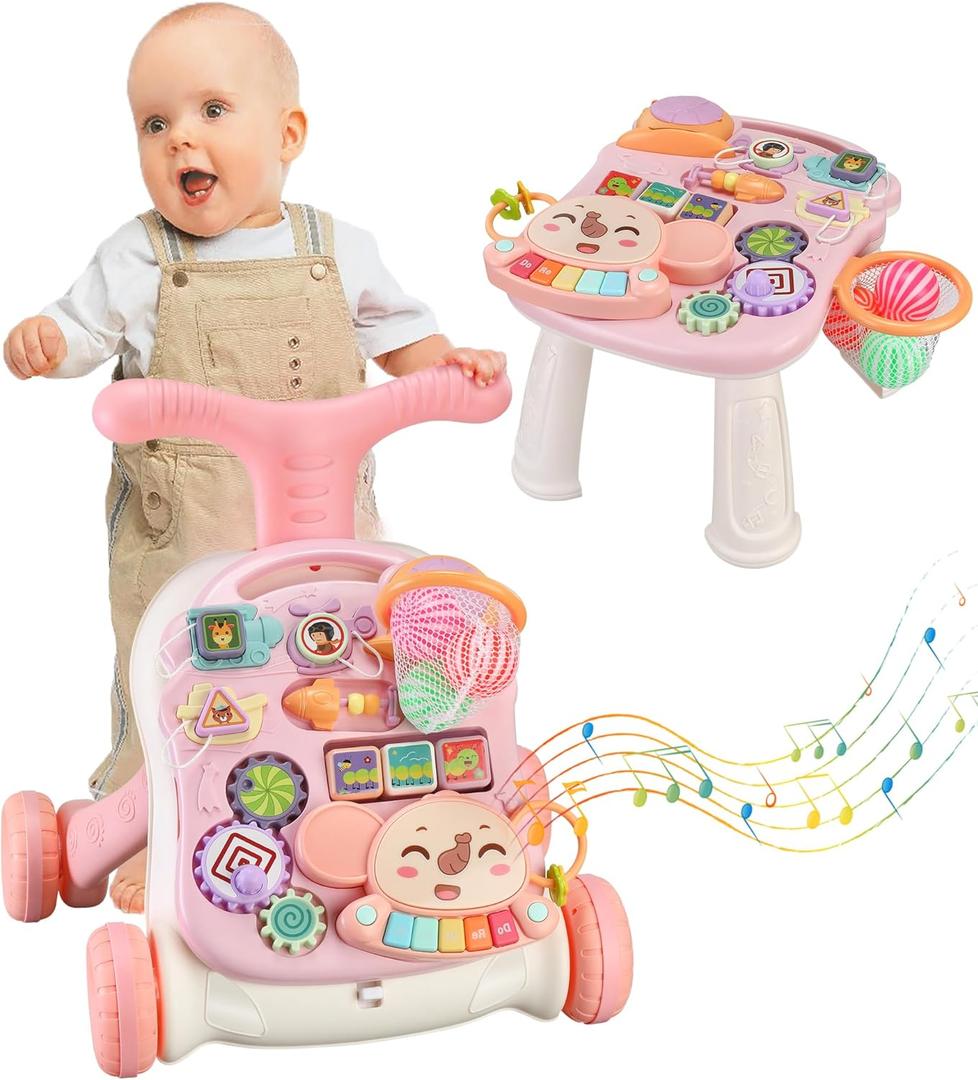 Baby Push Walker 3 in 1 Sit-to-Stand Learning Walker with Wheels KidsMultiple Educational Activity Center Music Learning Toy Gift for Infant Boys Girls (Pink)
