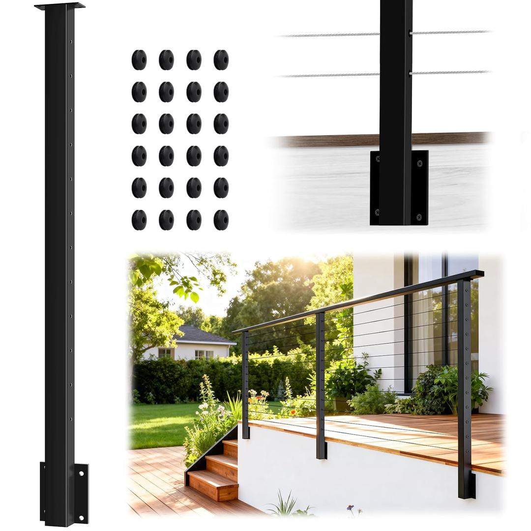 Side Mount Cable Railing Post for 42" Railing System (Post Body 48"), Level Drilled Space-Saving Fascia Mount Deck Rail Post, Black Stainless Steel T304 Handrail Post for Indoor Outdoor