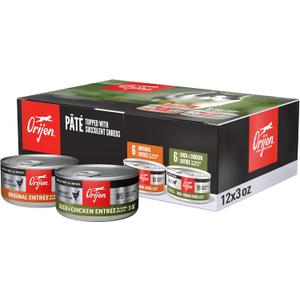ORIJEN Premium Pate Wet Cat Food Variety Pack: Original + Duck & Chicken Recipes 3oz Cans (12 Count, 6 of Each) (EXP 07/16/26)