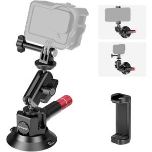 Neewer 3" Suction Cup Camera Mount Bracket with Ball Head Magic Arm, 1/4" ARRI Holes, Quick Release Car Mount with Phone Holder & Action Cam Adapter Compatible with iPhone DJI Insta360, CA104