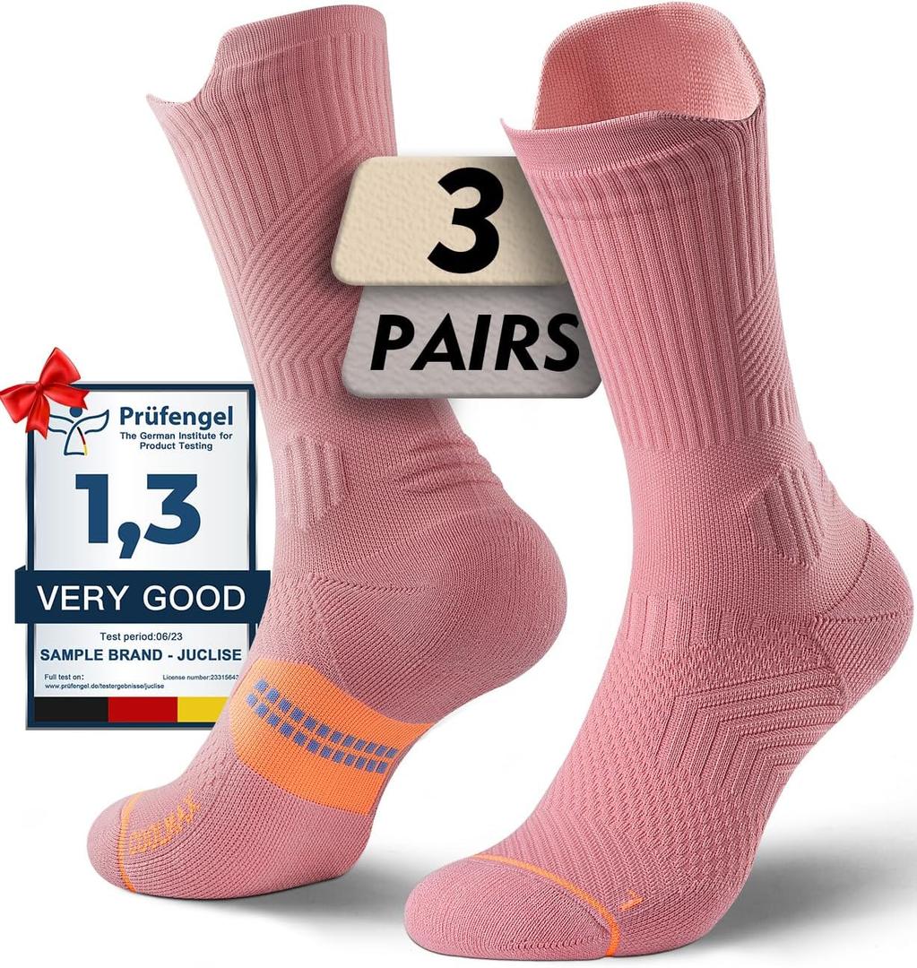 Womens Coolmax Bamboo Viscose Compression Running Crew Socks, Moisture-Wicking Anti-Blister Hiking&Gym Athletic (Medium, Dusty Pink), 3 Pairs 