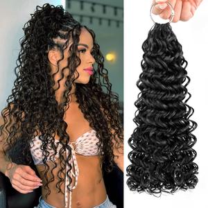 Human Crochet Hair Deep Wave Curly Feather Crochet Real Human Hair 22 Inch Reusable Invisible Knotless 100% Virgin Human Hair Crochet Bundles for Boho Braids 60g 50 Strands Natural Black