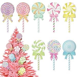 Vercraft 8 Pcs Large Christmas Candyland Tree Ornaments Wooden Lollipop Candy Ornament Christmas Tree Picks Double Sided Peppermint Candy Ornaments for Xmas Decorations