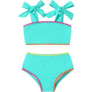 YOUNGER TREE Toddler Baby Girls Swimsuit Two Piece Solid Color Stripe Swimwear Summer Beach Bikini Bathing Suit (5-6 Years, Green-Blue)
