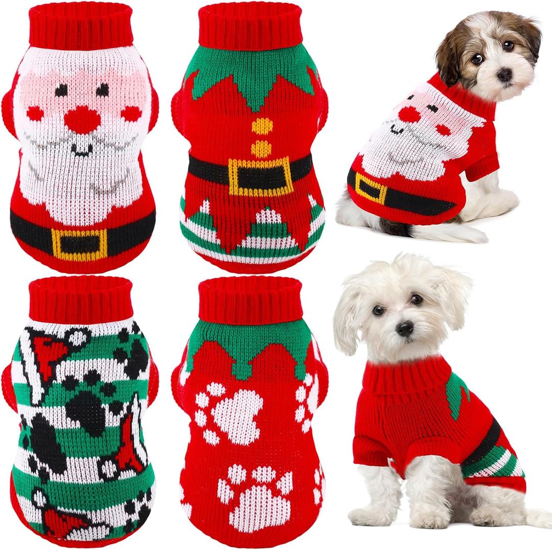 4 Pcs Puppy Christmas Sweater Dog Ugly Xmas Santa Knitted Sweater Small Dog Christmas Outfit Pet Winter Holiday Knitwear Cat Turtleneck Knitwear for Pet Kitten Puppy, Size XS