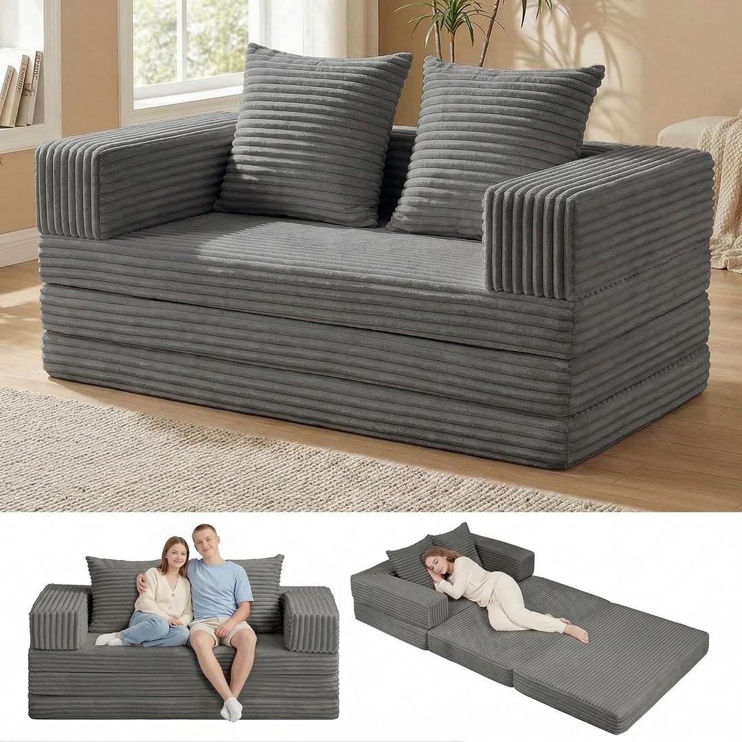 Convertible Sofa Bed, 4-in-1 Boneless Loveseat with Removable Armrests Backrest, Corduroy Futon Couch Bed with Pillow, Foldable Mattress Sleeper Sofa for Living Room Bedroom Small Place (Grey)