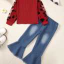 Kucnuzki Toddler Girl Clothes Cute Kids Clothes Long Sleeve Shirts Top Bell Bottom Denim Jeans Pants 2 Piece Matching Outfits (4-5T, Red)