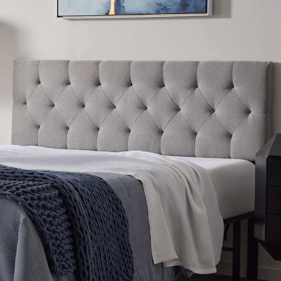 Lucid Mid-Rise Upholstered Headboard - Diamond Tufted - Padded Polyester - Adjustable Height from 34” to 46” - Easy Assembly - Bed Frame or Wall Mount - Sturdy - Stone - Queen Size