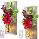 Mason Jars Sconce Decor Rustic Wall Sconces Handmade Wall Art Hanging Design with Remote Control LED Fairy Lights and Red Berry, Xmas Farmhouse Wall Home Decor Living Room Lights Set of Two (Rose+Dark Grey Board)
