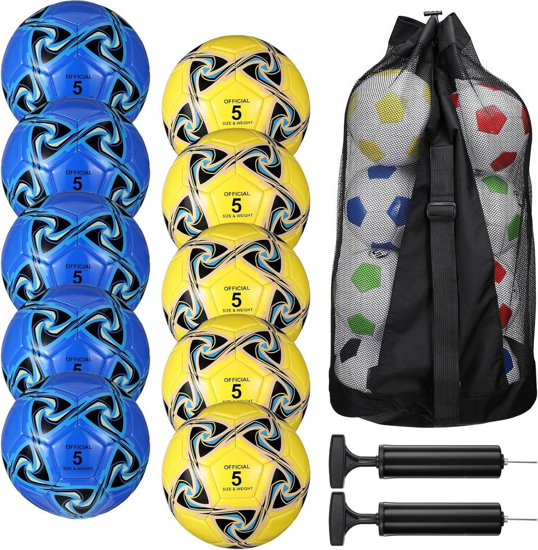 Libima 13 Pcs Soccer Ball Bulk 10 Pcs Official Soccer Ball with 2 Pump and Carry Bag Indoor Outdoor Training Game Sport Gift for Youth Adult Back to School (Size5, Blue, Yellow)