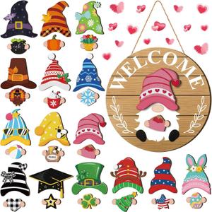 Qunclay Interchangeable Wooden Gnome Decor Holiday Seasonal Gnome Decorations with Magnet Pieces and Detachable Hats Changeable Welcome Sign for Home(Delicate Style)