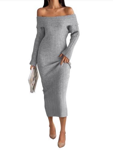 LILLUSORY Women Fall Off The Shoulder Baby Shower Midi Sweater Dress 2025 Wedding Guest Long Sleeve Bodycon Date Night Outfit Grey M