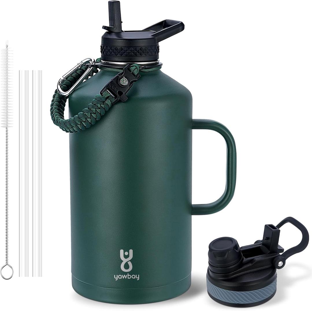 Insulated Water Bottle 128 oz with 2-in-1 Straw Lids & Handle,1 Gallon Water Bottle Flask Jug with Paracord Handle Leak Proof Large Big Water Bottle for Hiking,Sports,Camping,Long Drive,Fishing (Dark Green)