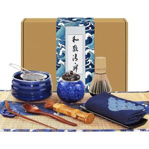 Artcome 12Pcs Japanese Matcha Tea Set - Bowl, Bamboo Whisk, Holder, Brush and Screen - Handmade Ceremony Kit for Traditional Tea Ceremony (Blue)
