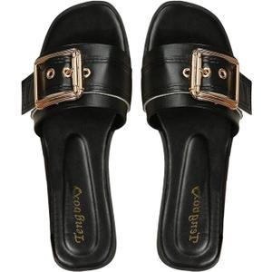 OYOANGLE Women's Summer Dressy Slide Sandals Buckle Single Band Slip on Leather Flat Sandal, 7.5