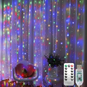 300 LED Curtain String Lights, Fairy Lights with 8 Light Modes, 9.8x9.8Ft Remote USB Plug Fairy String Lights for Christmas, Bedroom, Indoor, Outdoor, Weddings, Party, Camping Decor (Multicolored) (Copper Wire-Multicolor)