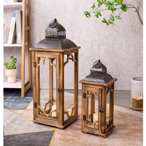 Large Farmhouse Decorative Wooden Lantern Set of 2, Rustic Brown Floor Lanterns, Indoor/Outdoor Hurricane Lanterns for Home Decor (No Glass) (Brown With Black Top)