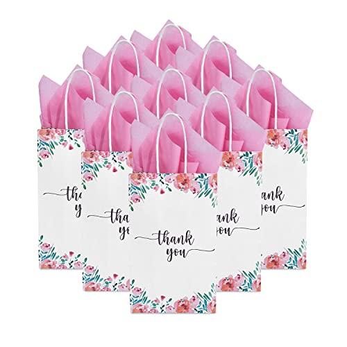 DjinnGlory 50 Pack Small Spring Floral Paper Gift Bags with Handles with Pink Tissue Paper for Boutiques, Thank You Party Favor Bags for Wedding Baby Shower Birthday Parties, 9x5.5x3.15 Inch (White)