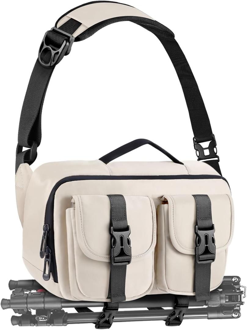 Camera Sling Bag,DSLR Camera Bag with Tripod Holder,Waterproof Camera Shoulder Crossbody Bag for Photographers (Beige)