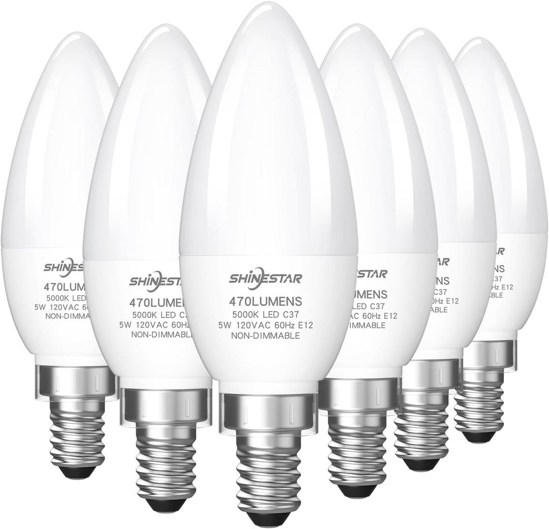 SHINESTAR E12 LED Candelabra Light Bulbs 40 Watt Equivalent, 5000K Daylight White 470 Lumen Chandelier Bulb, 6W B11 Candle Small Base Ceiling Fan Light Bulbs, Non-Dimmable, Pack of 6