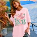 Boho Oversized Shirt Women Vintage Floral Shirts Daisy Flower Tshirt Wildflower Graphic Tees Casual Loose Tops (Pink, L)