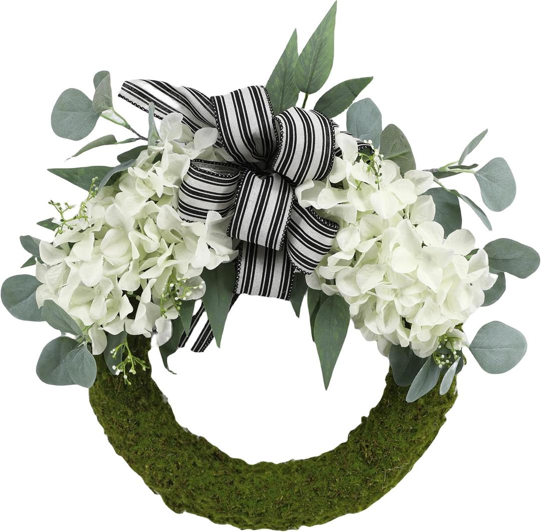 COLLECTIVE HOME - Artificial Wreath, 20" Artificial Wreath for Front Door, Spring Green Leaf for Window Wedding, Home Porch Patio Garden Decor (Flocked Moss Finish Cream Hydrangea)