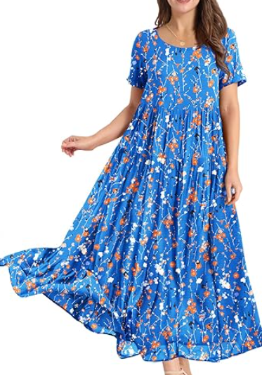 YESNO Women Casual Loose Bohemian Floral Dress with Pockets Short Sleeve Long Maxi Summer Beach Swing Dress EJF 2XL