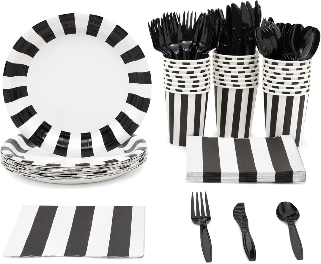 BLUE PANDA 144 Piece Black and White Party Decorations - Serves 24 Striped Party Supplies with Plates, Napkins, Cups and Cutlery for Birthday, Graduation - Emo Birthday Decorations