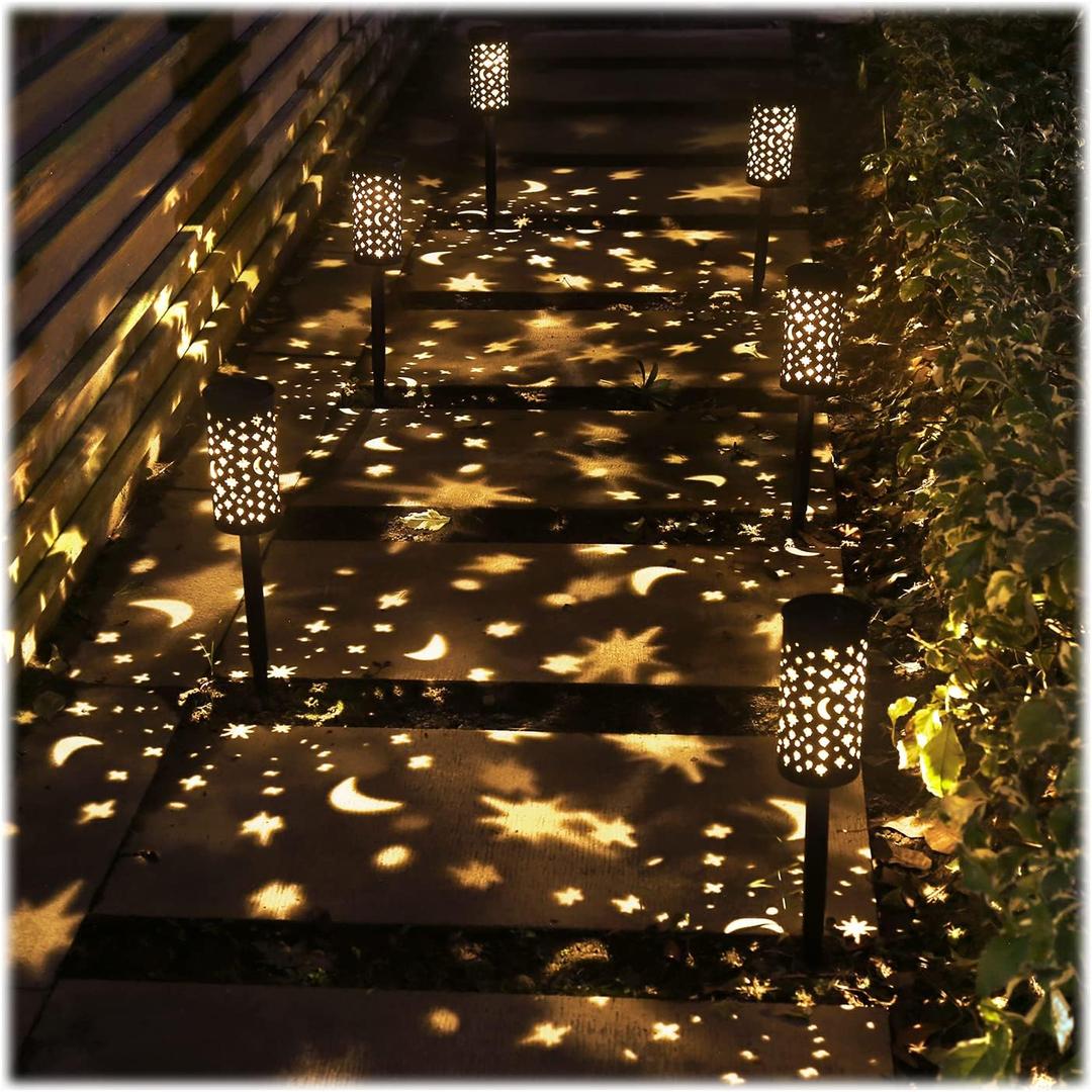6 Pack Solar Light Outdoor Garden Patio Pathway Landscape Lights Yard Driveway Lawn Walkway Decoration Star Moon Solar Lantern Waterproof Outside Path Hanging Sidewalk Courtyard Black