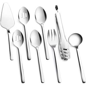 KINGSTONE Large Hostess Serving Utensils Set, 18/10 Stainless Steel Heavy Duty 10-inch Serving Utensils, Slotted Spoons, Forks, Tongs, Cake Pie Server for Buffet, Wedding, Party (Silver)