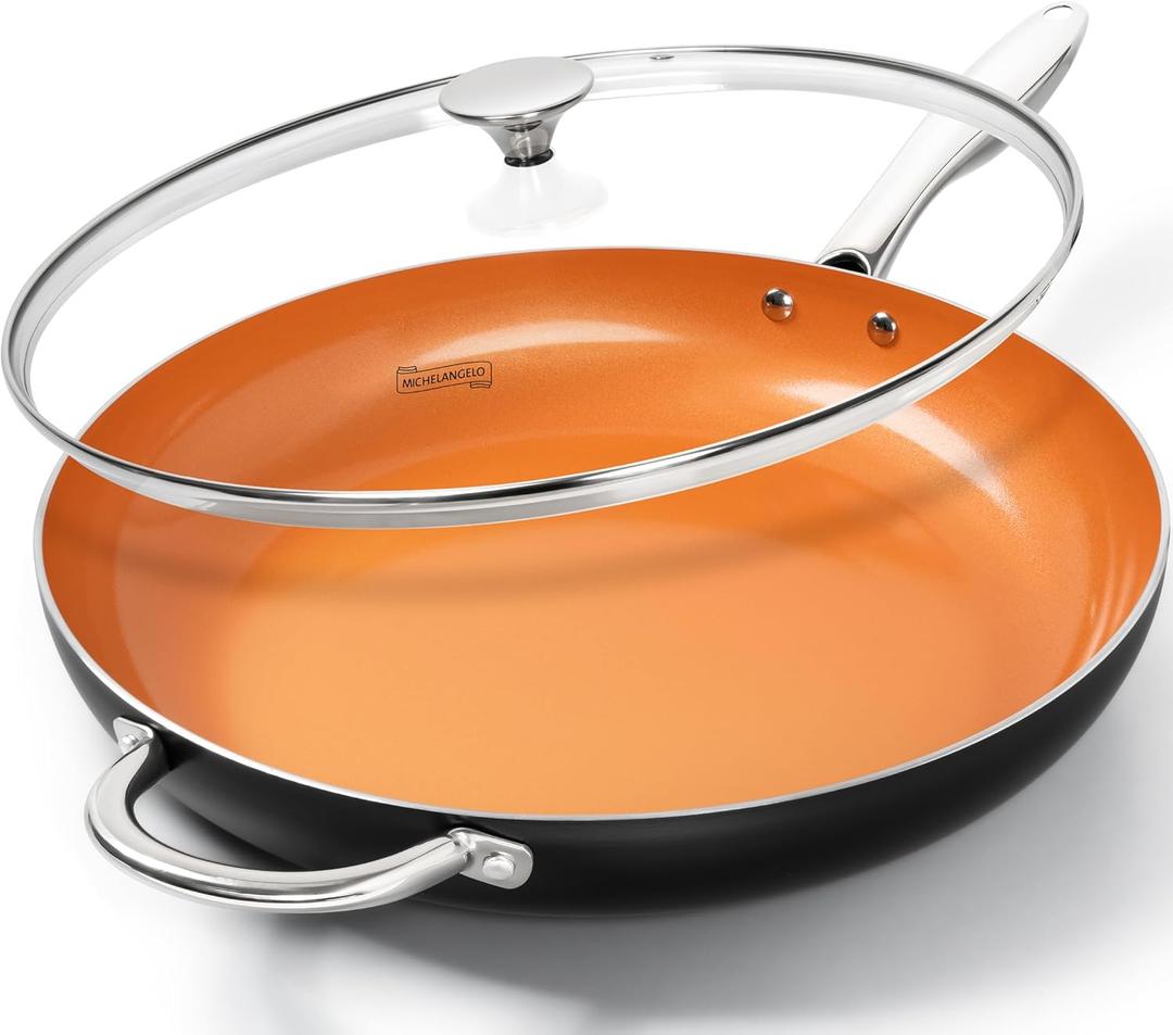 MICHELANGELO Large Frying Pan with Lid, 14 Inch Ceramic Skillet with Nonstick Coating, Healthy Non Stick Fry Pan, Induction Compatible (Orange)