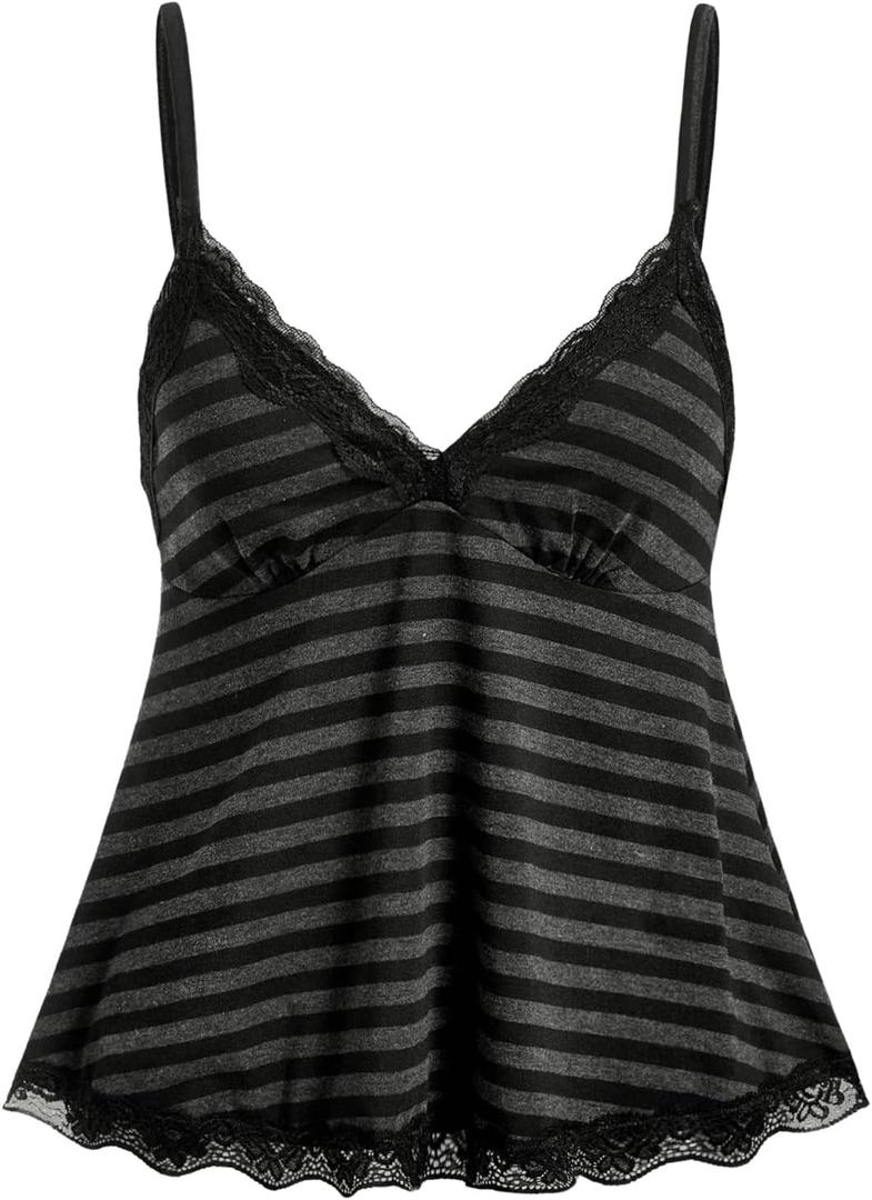 SOLY HUX Womens Y2K Lace Cami Sleeveless Striped Spaghetti Strap Camisole Gothic Babydoll Tops Black Striped Large