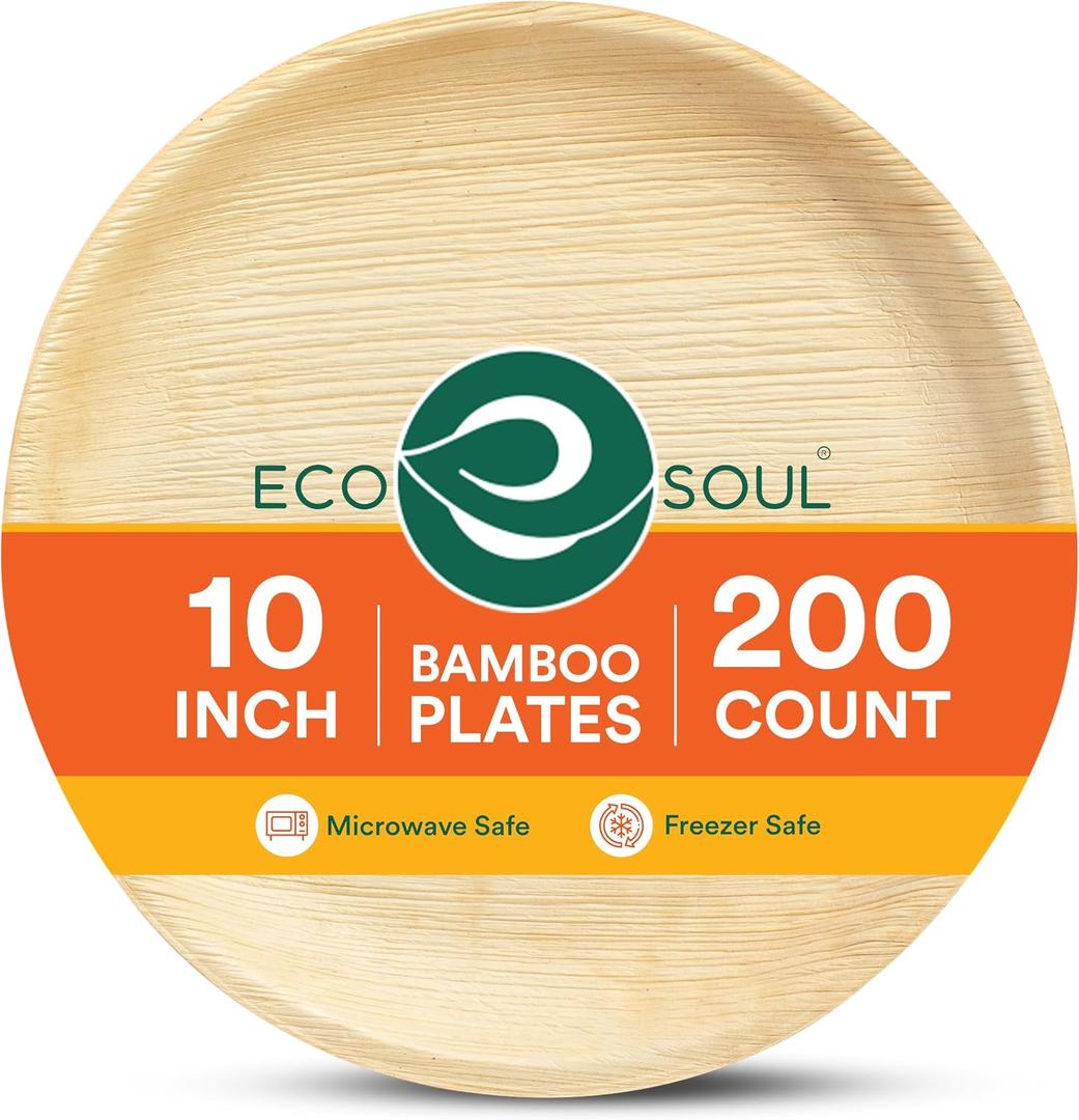ECO SOUL 10 Inch Disposable Bamboo Plates (200 Pack, Round) | Premium, Natural, Food-Safe, Heavy Duty, Compostable, Eco-Friendly, Biodegradable, Best For Events, Parties, Weddings, BBQs