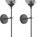KCO Lighting 1-Light Matte Black Mid Century Wall Sconce Set of Two Modern Bathroom Vanity Globe Wall Light Set of 2 Vintage Smoke Gray Glass Wall Bedroom Wall Lamp