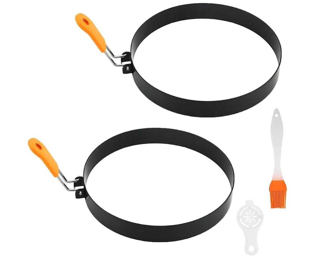 2 Pcs 8" Pancake Mold Nonstick Round Pancake Egg Mold with Silicone Handle Stainless Steel Frying Eggs Ring for Griddle Sandwich Eggs Camping Indoor Breakfast