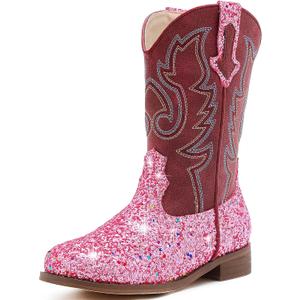 Girls Cowgirl Boots Unisex-Child Mid Calf Glitter Toddler Cowboy Boot Little Big Kids Western Riding Shoes (3 Little Kid, Sequins Pink)