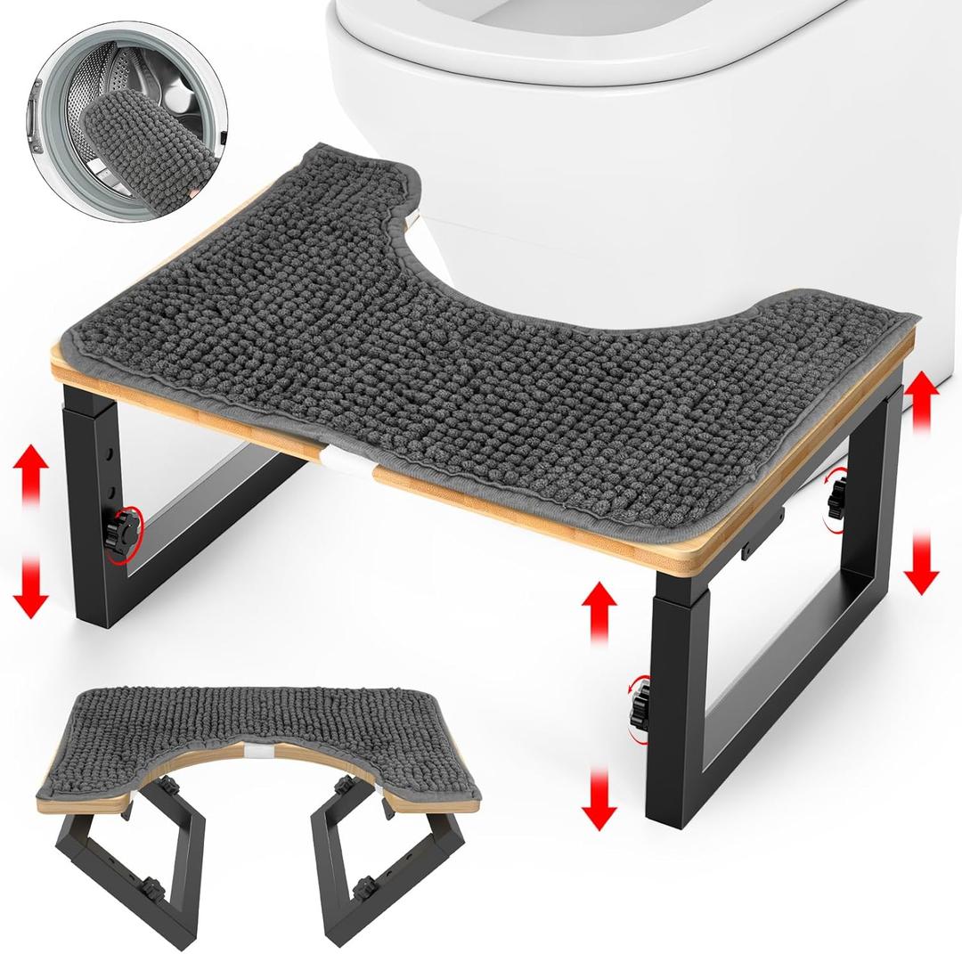 Bamboo Toilet Stool Foldable, 7 in, 8 in Or 9 in Adjustable Heights Squat Stool Potty for Adults Kids,Poop Step Stool with Extra Soft Microfiber Rug, Improve Bathroom Posture and Comfort (Black+gray Mat)