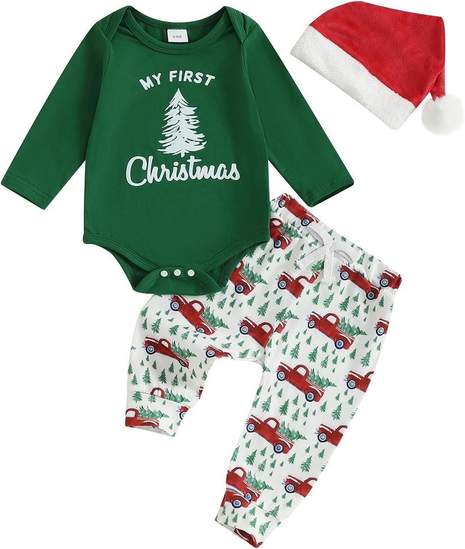 Baby Boy Christmas Outfit My First Christmas Long Sleeve Bodysuit Pants Santa Hat 3-Piece Clothes Set (Green)
