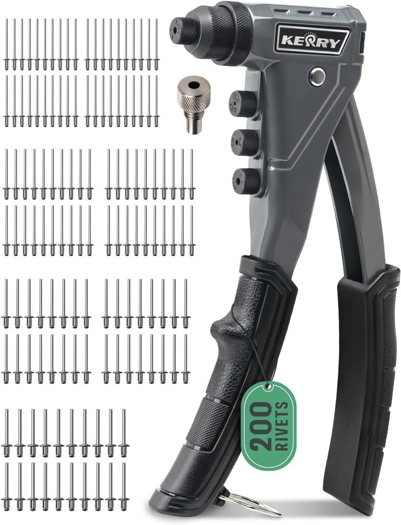 Kerry One-Handed Rivet Gun, 3/32" 1/8" 5/32" 3/16" Pop Rivet Gun Set, Manual Riveting Tool with 9.6" Extended Handle, 200 Rivets, 4 Tool-Free Interchangeable Heads, Profeesional Hand Riveter (grey)