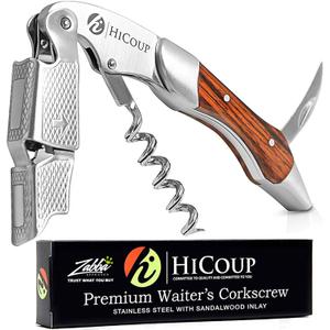 Hicoup Opener - Professional Corkscrews for Bottles w/Foil Cutter and Cap Remover - Manual Key for Servers, Waiters, Bartenders and Home Use - Stainless Steel With Sandalwood